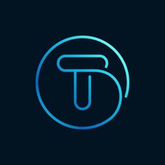 the letter t in a circle on a dark background with blue lines and an outline