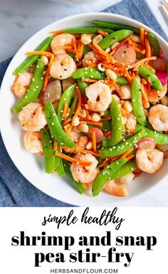 shrimp and snap peas stir fry in a white bowl