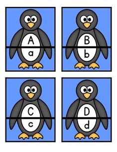 four pictures of penguins with the letters abc and d