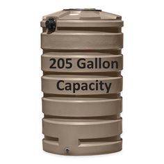 a large water tank with the words 20 gallon capacity on it's side and two black letters that read 205 gallon capacity