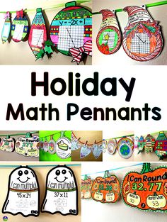 a collage of holiday themed math pennants