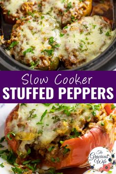 slow cooker stuffed peppers with meat and cheese in the crock pot is shown