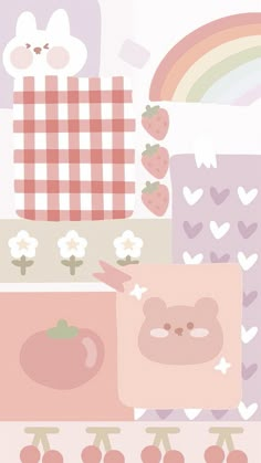 an animal themed wallpaper with hearts, flowers, and other things in pastel colors