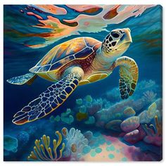 a painting of a turtle swimming in the ocean with corals and seaweed around it