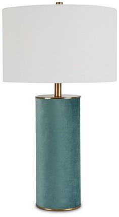 a blue lamp with a white shade on it's side and a gold base