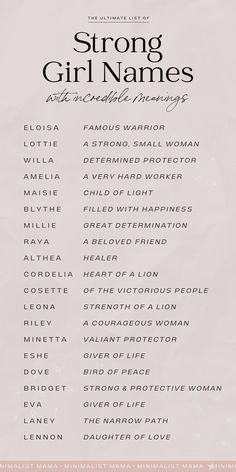 the poster for strong girl names is shown in black and white, with pink lettering