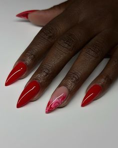 Happy Caturday 💋 #dovenailsbysharon #apresgelx #greensboronails #mcleansvillenails #gelxnails #rednails Christmas Red Chrome Nails, Red French Tip Nails Crome, Long Almond Nails Red Designs, Red Almond Nails With Rhinestones, Red Chrome French Tip Nails Coffin, Metallic Red Almond Nails, Pink And Red Long Nails, Long Almond Red French Tip Nails, All Red Nails