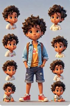 an animated character with different facial expressions and hair, standing in front of the camera