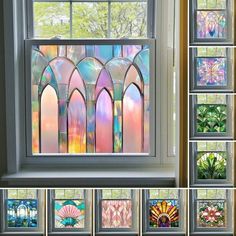 several stained glass windows with different designs and colors on them, all in various shapes and sizes