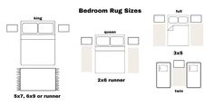 bed room rug sizes are shown with measurements for each bed and the other side by side