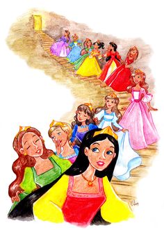 disney princesses are going down the stairs