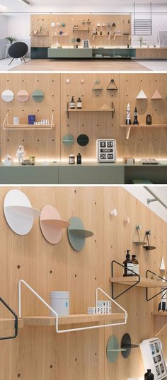 the shelves are filled with different types of objects on them, and each shelf has a unique shape