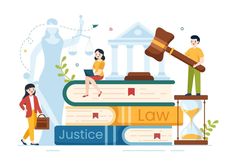 people sitting on top of books with the scales of justice and law in front of them