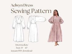 a woman in a dress with long sleeves and an open back, standing next to the sewing pattern