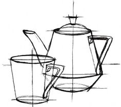 a drawing of a tea pot and cup