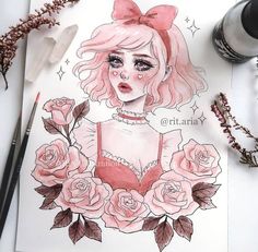 a drawing of a girl with pink hair and roses on her chest, surrounded by flowers