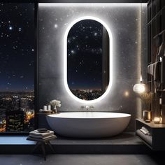 a bathroom with a large round mirror above the bathtub and lights on the wall