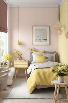 a bedroom with pink walls and yellow bedding in the corner, along with white rugs