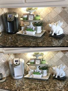 two pictures of kitchen counter with coffee maker and various items on trays in front of the sink