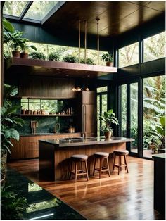 Modern Kitchen With Plants, Kitchen With Plants, Kitchen Natural Light, Kitchen Natural, Tropical Kitchen, Zen House, Sunken Living Room, Home Hall Design