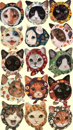 many different colored cats with big eyes and headbands on their heads, all wearing scarves