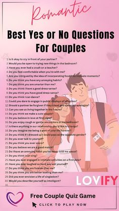 Explore your relationship in a fun and straightforward way with these best yes or no questions for couples. These questions are perfect for sparking conversations and discovering new things about each other. Whether you're discussing your favorite activities, future goals, or personal preferences, these simple yes or no questions will provide insight and laughter. Ideal for date nights, road trips, or quiet moments together, these questions will help you and your partner connect on a deeper level without any pressure

#YesOrNoQuestions #CoupleQuestions #RelationshipFun #CouplesQuiz #DateNightIdeas #SimpleQuestions #DiscoverEachOther #CoupleActivities #RelationshipGoals #LoveAndLaughter #EngagingQuestions #FunWithPartner #CouplesGames #EasyQuestions #RelationshipTrivia #QuizForCouples Fun Couples Quiz, Question Games, Question Games For Couples, Romantic Memes, Boyfriend Questions