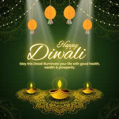 happy diwali greeting card with lights and lanterns on green background for diwali