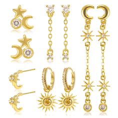 PRICES MAY VARY. ♥GOLD MOON STAR SUN EARRINGS SET♥The gold moon star sun earrings set showcases an enchanting design, blending classic elements like the moon, stars, and sun. The set includes a star and moon zircon stud, a pair of round zircon long tassel chain earrings, a pair of sun long tassel chain earrings, a pair of sun open hoop earrings, and a pair of sun pendant huggie hoop earrings. Whether worn individually or combined on the same ear, the sun earrings bring out a unique and distincti Sun Earrings, Star Stud Earrings, Moon And Star Earrings, Sun Pendant, Open Hoop Earrings, Packing Jewelry, Gold Sun, Star Earrings Stud, Gold Moon