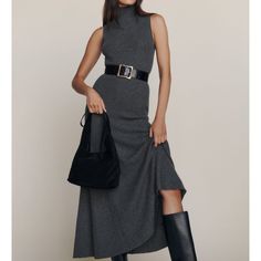 Nwt | Reformation | Medium Us 6/8 | Odelia Cashmere Midi Dress In Grey + Material: 100% Cashmere (90% Recycled Cashmere, 10% Cashmere) + Condition: New With Tags Attached (Never Been Worn, Washed, Or Used In Any Capacity) + Description: Mock-Neck, Sleeveless Midi Dress + Product Page: Https://Www.Thereformation.Com/Products/Odelia-Cashmere-Midi-Dress/1313526fnn.Html?Utm_source=Spotern&Utm_medium=Referral&Utm_campaign=2 Tweed A Line Dress, Grey Work Dress, Scorpio 2023, Emilia Core, Businesswoman Lifestyle, Knitted Dress Outfit, Grey Skirt, Turtleneck Dress, Effortlessly Chic Outfits