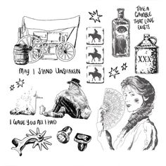 a drawing of various things that are in black and white