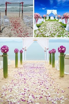 the wedding ceremony is set up on the beach with white and pink flowers in vases