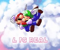 mario and luigi flying through the air in front of clouds with words that read l'us real