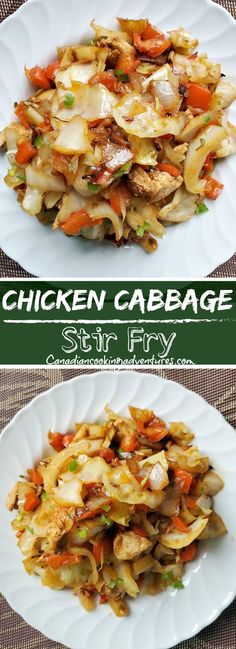 chicken cabbage stir fry on a white plate