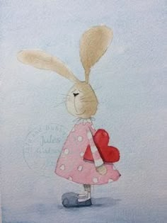 a painting of a rabbit holding a heart in its paws and wearing a pink dress