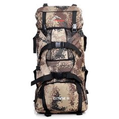 the back pack is camouflaged with black straps and features an extra pocket for storage