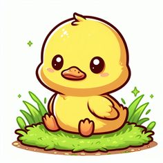 a little yellow duck sitting in the grass