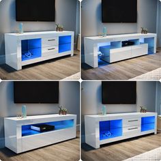 four different views of a white entertainment center with blue lights on the doors and drawers