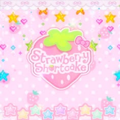 the strawberry shortcake logo is displayed on a pink background with stars and polka dots