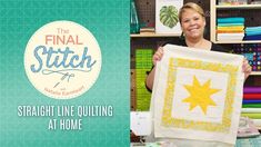 a woman holding up a star quilt in front of a book cover with the title, the final stitch