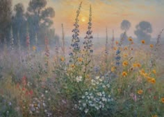 a painting of wildflowers in a field at sunset