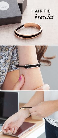 Carry a hair elastic on your wrist in a way that’s elegant AND keeps your wrist indent-free. Hair Tie Bracelet, Hair Elastic, Hair Elastics, Bijoux Diy, Hair Tie, Looks Style, Accessories Jewelry, Anton