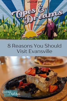 a plate that has some food on it and the words, 8 reasons you should visit evansville