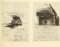 two pages from an old book with drawings and writing on the front, side by side