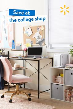 a pink chair sits in front of a desk with a laptop on it