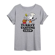 Celebrate Thanksgiving in style with this women's and junior's Peanuts graphic t-shirt featuring Snoopy and Woodstock about to carve a turkey against a heather grey backdrop. It's made from a knit cotton-blend, ensuring all-day comfort, and has a regular-fit, a crew neck, and short sleeves. Character: PeanutsClosure Type: Pullover HeadFit: Regular FitNeckline: Crew NeckSleeve Length: Short SleeveFiber Content: 90% Cotton, 10% PolyesterFabric Description: KnitCare: Tumble Dry, Machine WashCountry Pi T Shirt, Math Shirts, Peanuts Snoopy Woodstock, Snoopy Woodstock, Petite Size Chart, Heather Green, Snoopy And Woodstock, Peanuts Snoopy, Tees For Women