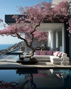 a living room with a large tree in the center and water reflecting it on the floor