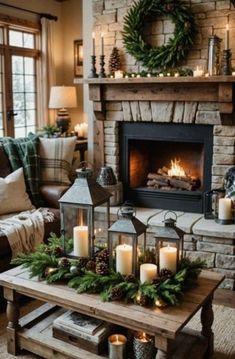 a living room filled with furniture and a fire place covered in christmas wreaths next to a fireplace