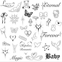 many different tattoo designs on a white background with the word baby written in black ink