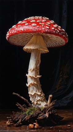 a close up of a mushroom on a table with other mushrooms around it and black background