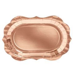 a rose gold foiled paper plate with scalloped edges on a white background